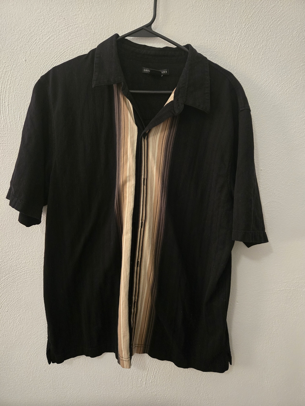 Geoffrey Beene Black Short-Sleeve Button-Down with Tan and Cream Center Stripe